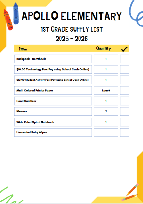 Apollo School Supply List