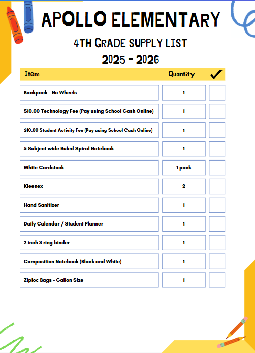Apollo School Supply List