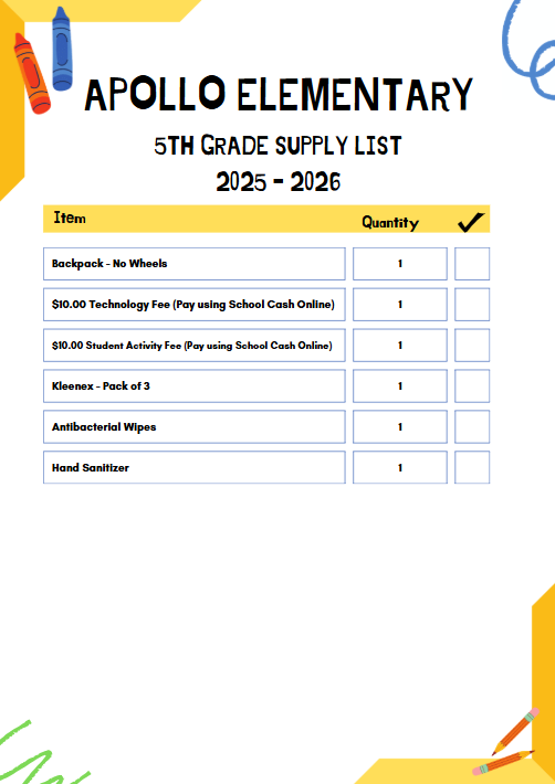 Apollo School Supply List