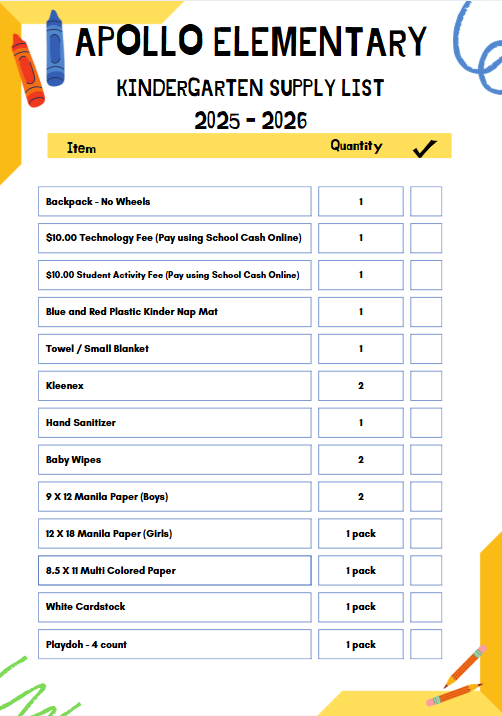Apollo School Supply List