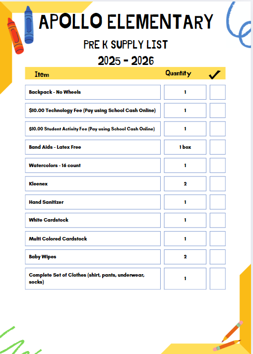 Apollo School Supply List