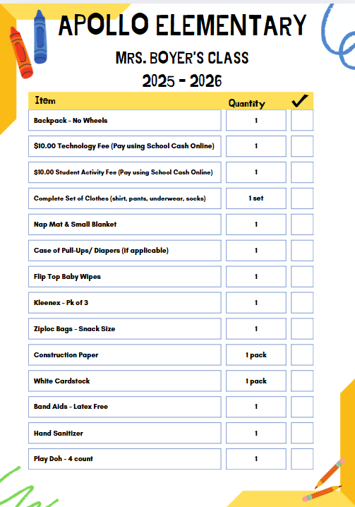 Apollo School Supply List