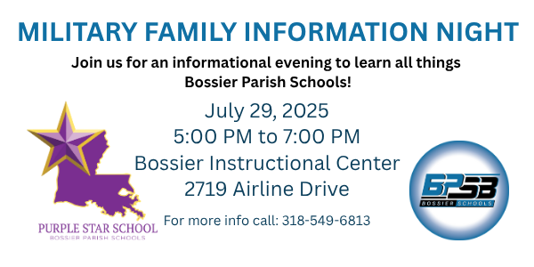 Military family NIght invitation with Purple Star School Log and BPSB logo