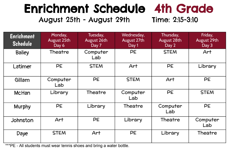 4th Grade Enrichment Schedule August 25th - 29th