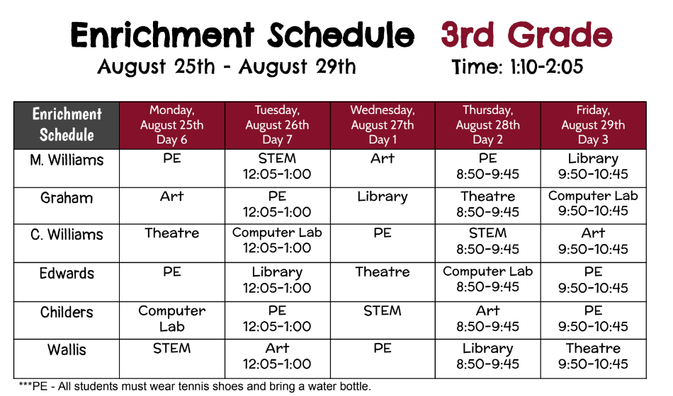 3rd Grade Enrichment Schedule August 25th - 29th