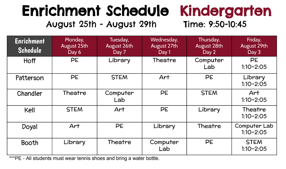 .Kinder Enrichment Schedule August 25th - 29th