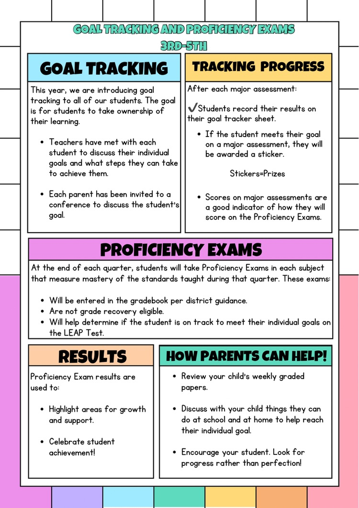 goal tracking, proficiency exams, and parent support at home