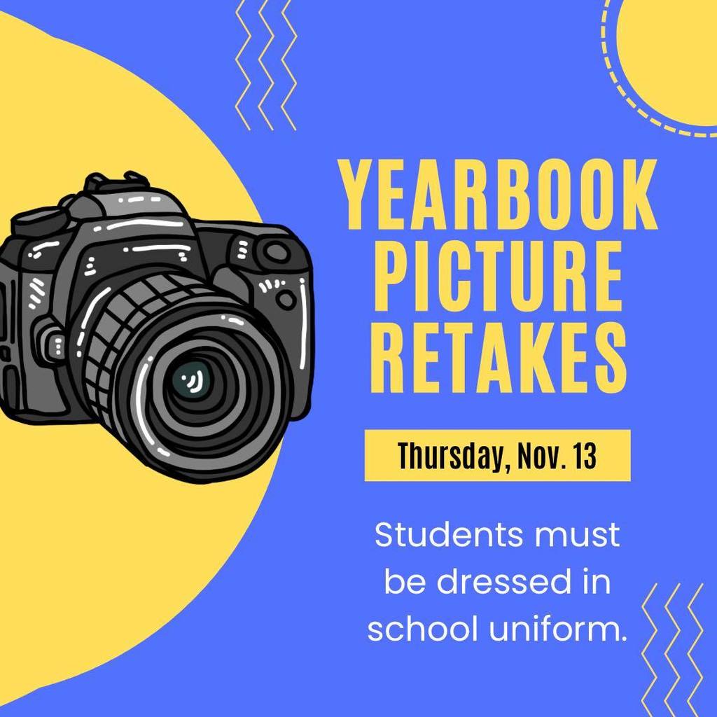REMINDER! Yearbook picture retakes will be on November 13th. Students taking retakes must be in school uniform. Retakes are intended for... 📷 Students or staff who were absent on September 10th. 📷 New students who enrolled at W.T. Lewis after September 10th. 📷 Students or staff who would like a different picture than the one taken on September 10th.