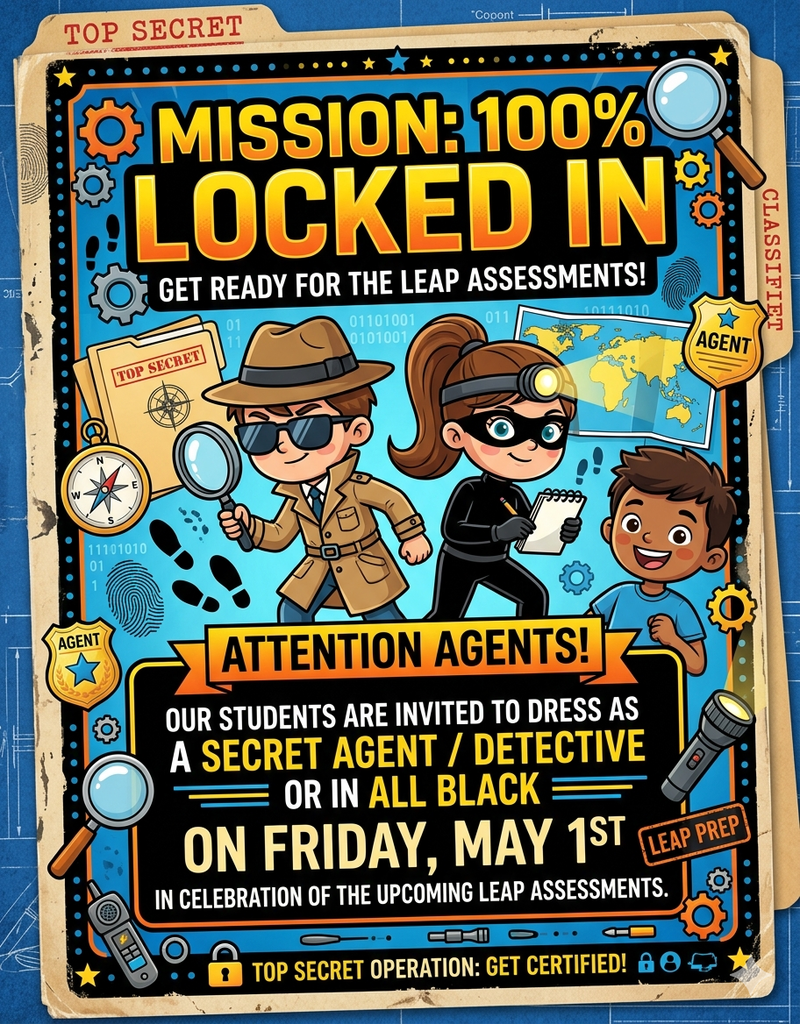 Attention Agents!! Our students are invited to dress as a secret agent/detective or in all black on Friday, May 1st in celebration of the upcoming LEAP Assessments.