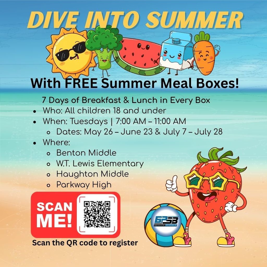 decorative image of happy  fruits and veggies enjoying their summer. Text reads: Dive Into Summer with Free Summer Meal Boxes. To register visit  https://bit.ly/2026SummerMealBoxForm 