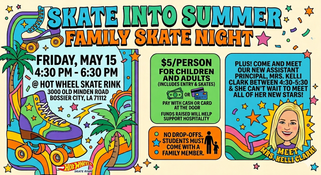 Skate into Summer Family Skate Night May 15th from 4:30pm to 6:30pm $5 for skates cash or card 