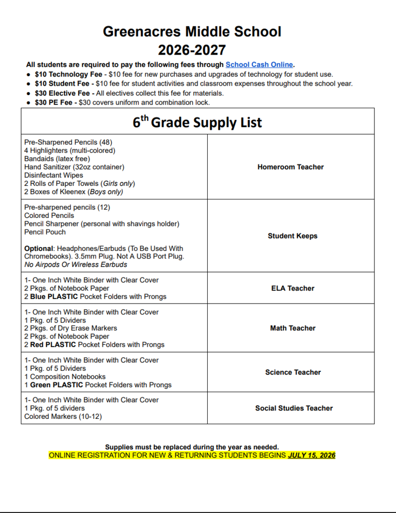 6th Grade Supply List