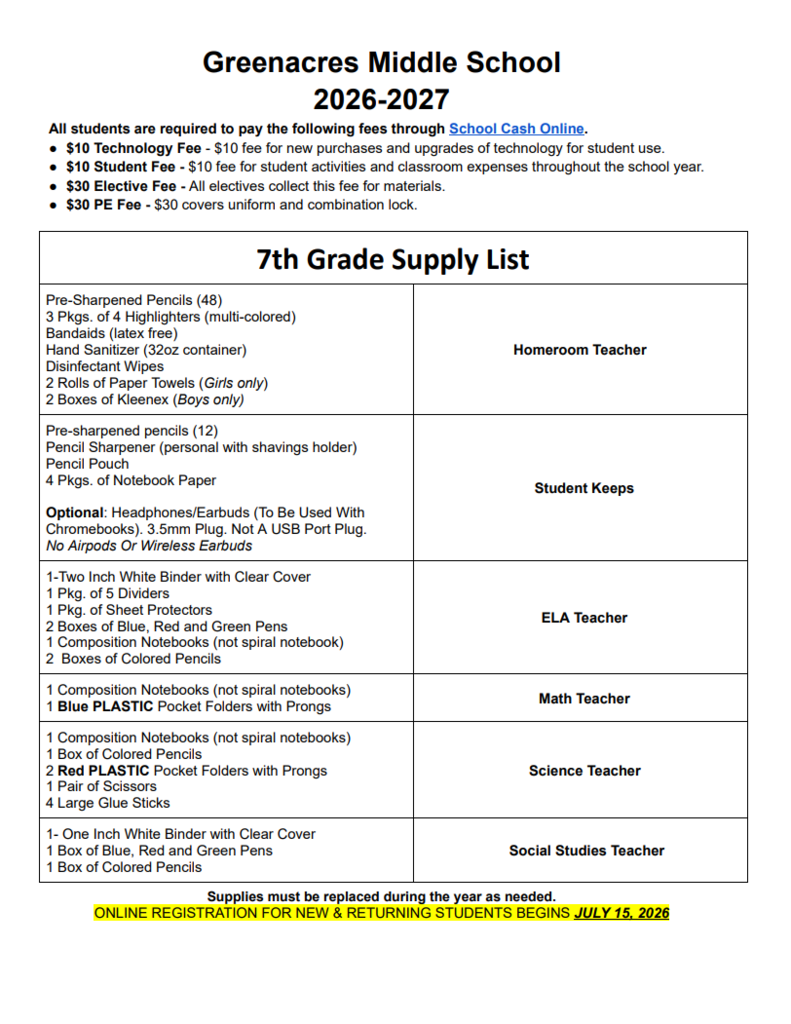7th Grade Supply List