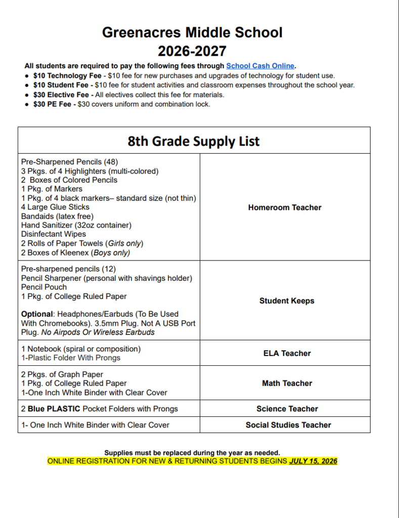 8th Grade Supply List