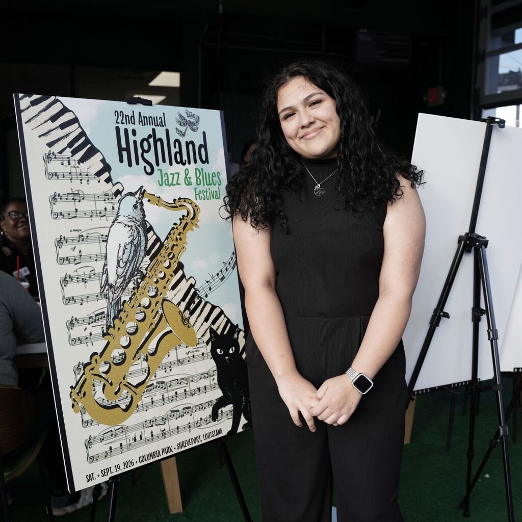 Sara Villarreal poses with her prizewinning art on canvas that features musical notes, a saxophone and a bird along with High Jazz & Blues Festival  information