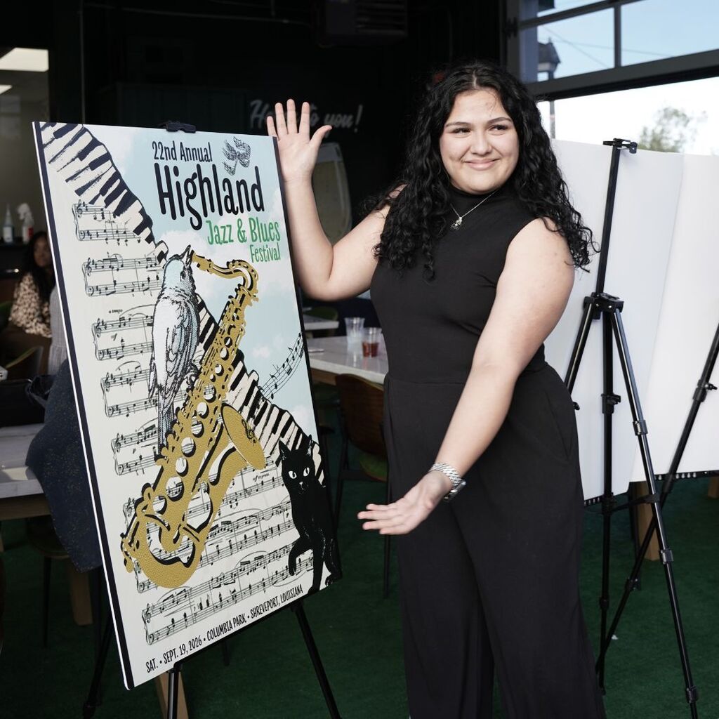 Sara Villarreal poses with her prizewinning art on canvas that features musical notes, a saxophone and a bird along with High Jazz & Blues Festival  information