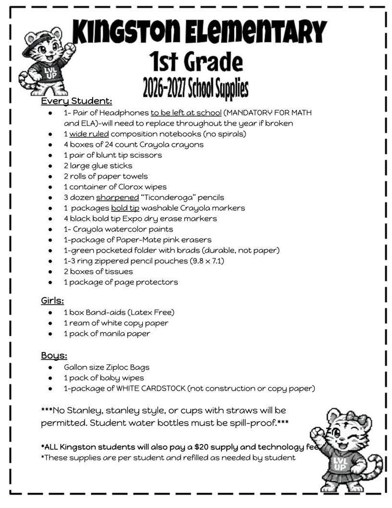 1st Grade Supply List
