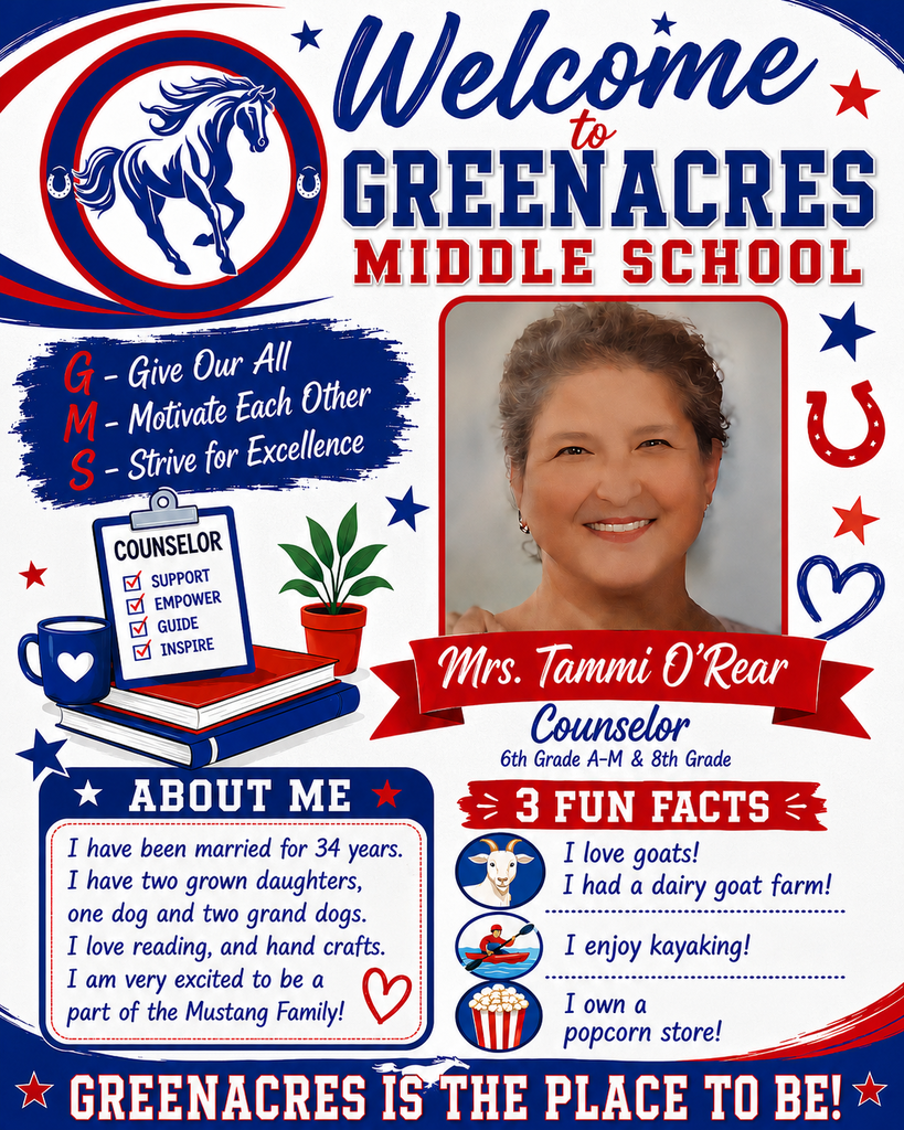 🎉 This week, we’re excited to welcome Mrs. O’Rear to the GMS team!    Please join us in giving her a big Mustang welcome in the comments!