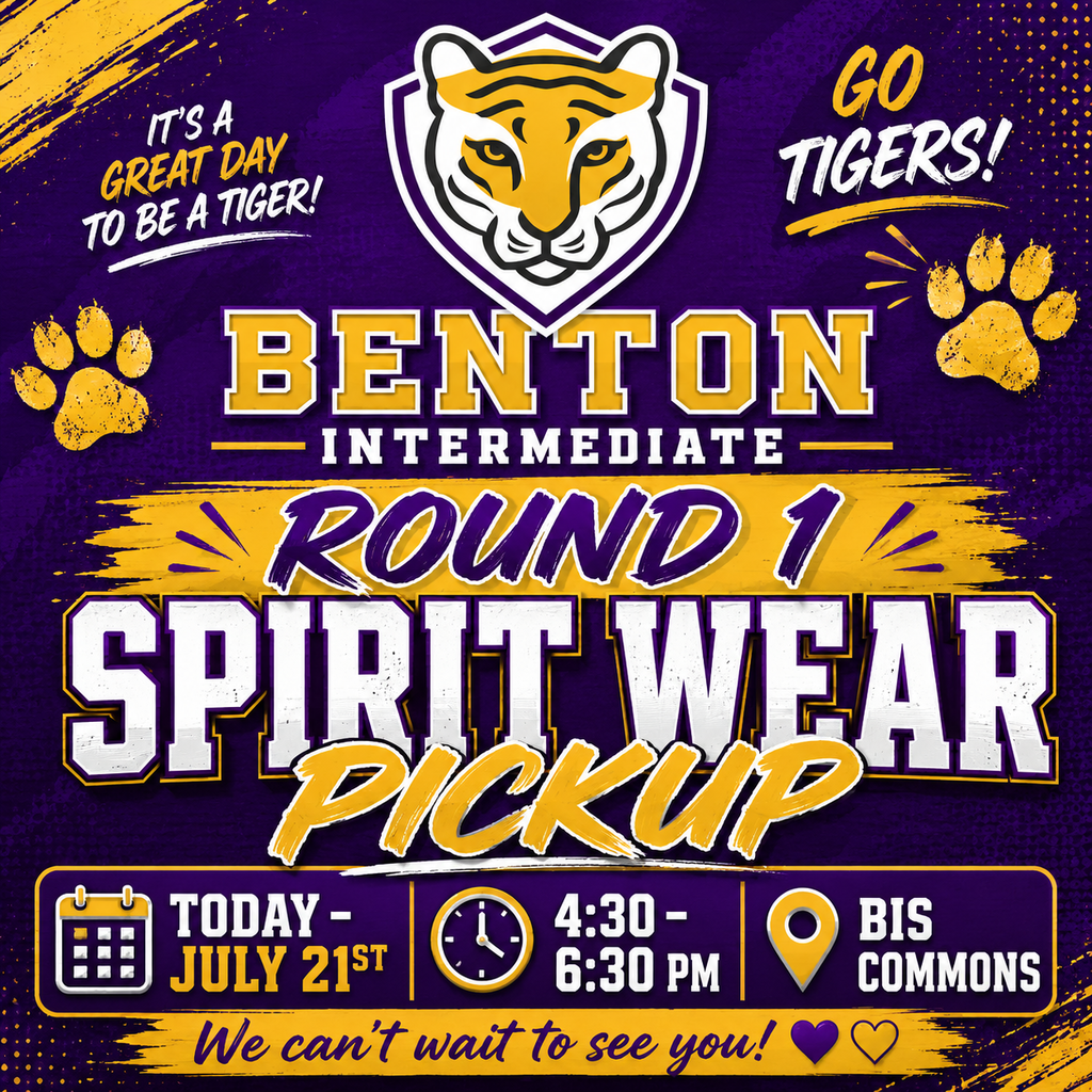 A bold, school-themed announcement graphic in Benton Intermediate's colors of purple, gold, and white. At the top is the official Benton Intermediate tiger logo above the words "Benton Intermediate." Large, eye-catching text in the center reads, "Round 1 Spirit Wear Pickup." The bottom of the graphic lists the pickup details: Today – July 21, 4:30–6:30 PM, and BIS Commons, alongside calendar, clock, and location icons. Gold paw prints and spirited phrases like "Go Tigers!" decorate the corners, and a banner across the bottom says, "We can't wait to see you!" with purple and gold hearts. The overall design is energetic, festive, and celebrates school spirit.