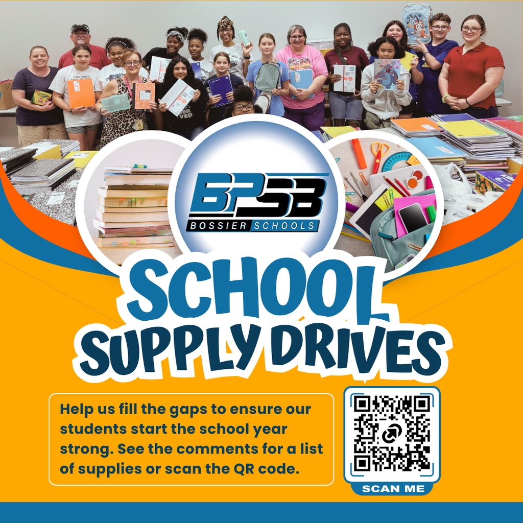An illustrative infographic with a warm orange background, centered text in large blue font that reads "SCHOOL SUPPLY DRIVES". Above the text, three circular photos show piles of school supplies, including stacks of books, colored pencils, notebooks, highlighters, and pens. Below the title, an orange rounded rectangle contains white text that says: "Help us fill the gaps to ensure our students start the school year strong. See the comments for a list of supplies or scan the QR code." To the right of this box is a black and white QR code. Text directly under the QR code reads: "SCAN ME". At the top of the graphic, a photo shows a diverse group of about 20 smiling adults and teenagers posing behind long tables laden with large stacks of colorful notebooks.