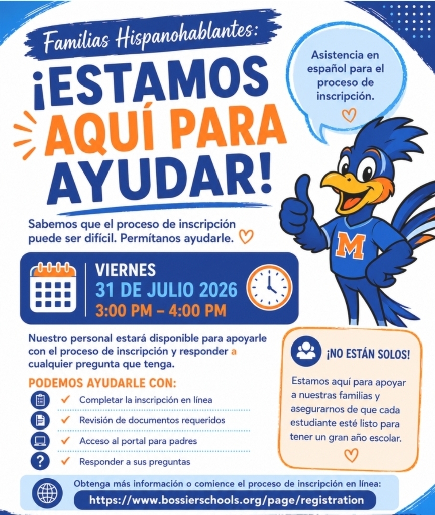 📣 ¡Estamos Aquí Para Ayudar! / We're Here to Help!

Spanish-speaking families are invited to stop by Meadowview Elementary on Friday, July 31, 2026, from 3:00–4:00 PM for assistance with school registration. Our staff will be available to answer questions, review documents, and help families complete the enrollment process in Spanish.

We can't wait to welcome you! 💙🧡

Registration: https://www.bossierschools.org/page/registration