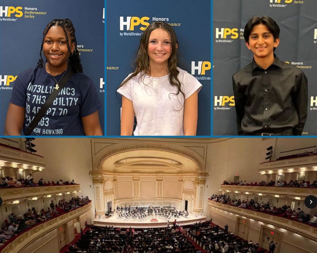 Composite photo of students posing in front of Honors Performance Series banner. Pictured are Madison Hollins, Kylie Adams and Om Ganapathy. Bottom of photo of composite is a crowd Carnegie Hall