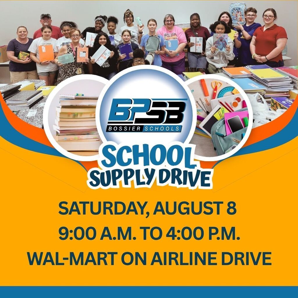 An illustrative infographic with a warm orange background, centered text in large blue font that reads "SCHOOL SUPPLY DRIVES". Above the text, three circular photos show piles of school supplies, including stacks of books, colored pencils, notebooks, highlighters, and pens. Below the title, an orange rounded rectangle contains white text that says: "Help us fill the gaps to ensure our students start the school year strong. See the comments for a list of supplies or scan the QR code." To the right of this box is a black and white QR code. Text directly under the QR code reads: "SCAN ME". At the top of the graphic, a photo shows a diverse group of about 20 smiling adults and teenagers posing behind long tables laden with large stacks of colorful notebooks.