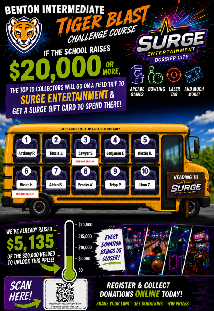 A colorful Tiger Blast Challenge Course fundraiser graphic for Benton Intermediate. The design features a large yellow school bus carrying the current Top 10 collectors: Anthony P., Tessie J., Sawyer S., Benjamin T., Alexis H., Vivian H., Aiden B., Brooks W., Tripp P., and Liam Z. It announces that if the school raises $20,000 or more, the Top 10 collectors will earn a field trip to Surge Entertainment in Bossier City and receive a gift card to spend there. The graphic celebrates $5,135 raised so far and includes a fundraising thermometer, photos of arcade games, bowling and laser tag, plus a QR code for online registration and donations.