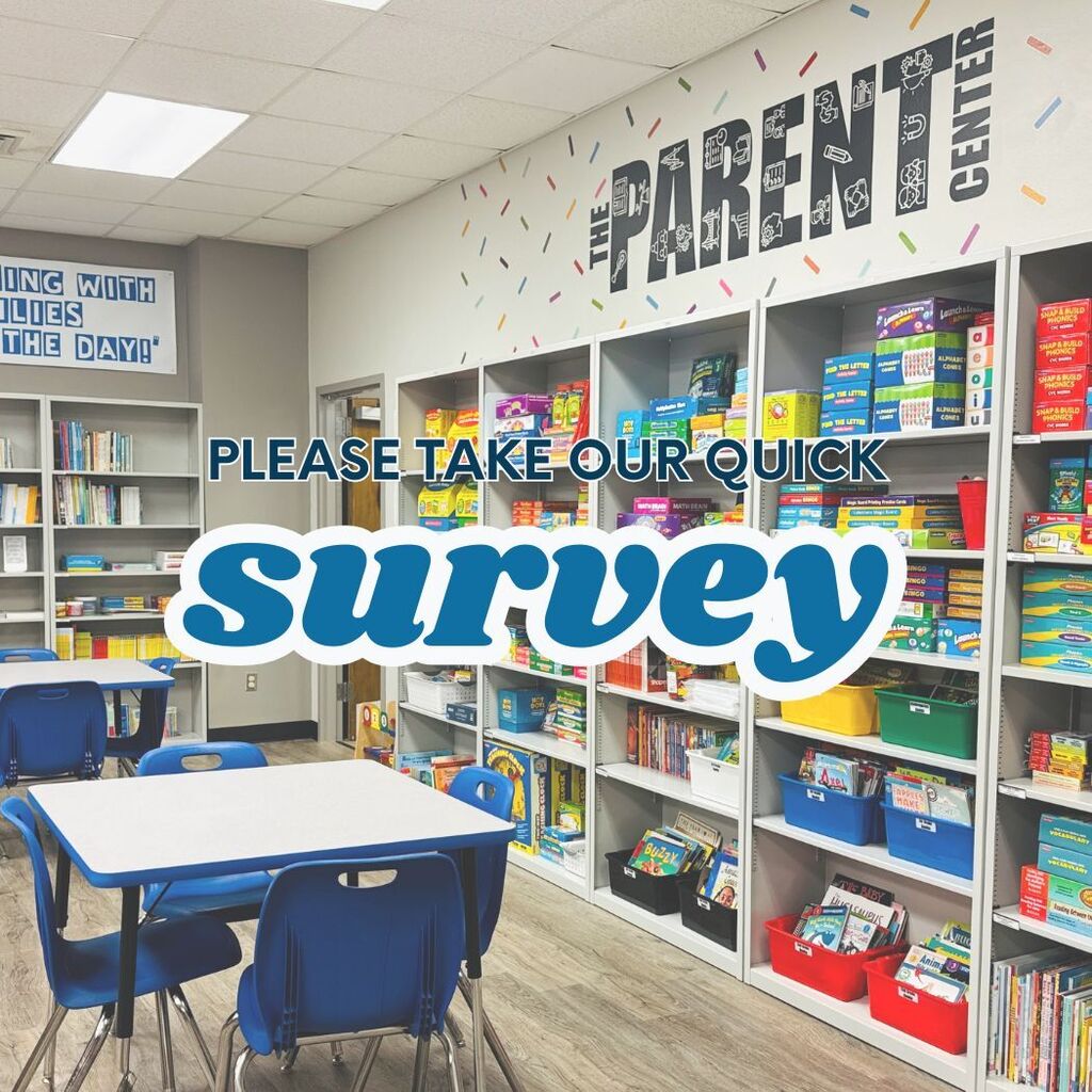 A bookshelf full of colorful games and books with The Parent Survey Logo above the shelf. Text overly of words that say Please take our quick survey.