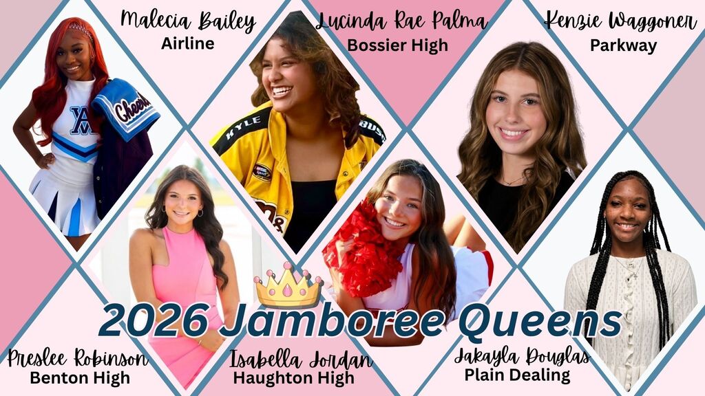 Photo collage introducing the 2026 Jamboree Queens, set against a pink and blue diamond-patterned background with a gold crown icon. The image features portraits of six student representatives from local high schools: Malecia Bailey – Airline High (top left, wearing a cheerleader uniform) Preslee Robinson – Benton High (bottom left, wearing a pink top) Lucinda Rae Palma – Bossier High (top middle, wearing a yellow jacket) Isabella Jordan – Haughton High (bottom middle, holding red pom-poms) Kenzie Waggoner – Parkway High (top right, smiling in a black top) Jakayla Douglas – Plain Dealing High (bottom right, wearing a white top with braided hair)