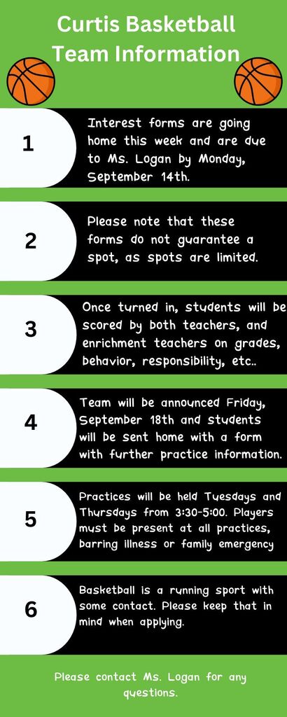 Green and black infographic titled "Curtis Basketball Team Information" detailing a 6-step process for tryouts, requirements, practice times, and key dates.
