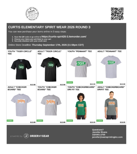 Promotional flyer for Curtis Elementary Spirit Wear 2026 Round 3 featuring custom t-shirts priced from $12.00 to $15.00. Online ordering is available via QR code or website link, with an ordering deadline of Thursday, September 17th, 2026, at 11:59 PM CDT