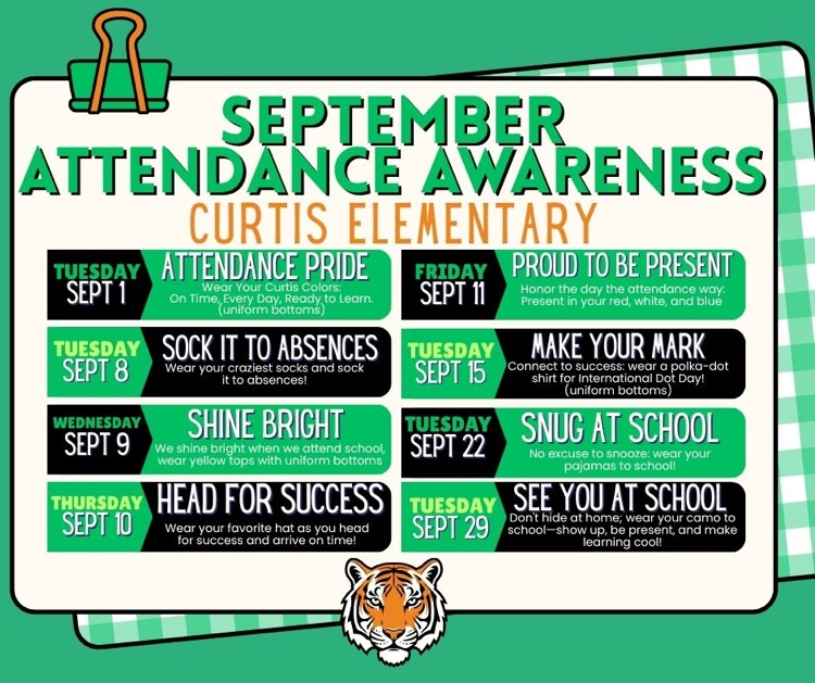 Curtis Attendance Dates with Tiger head on green background  