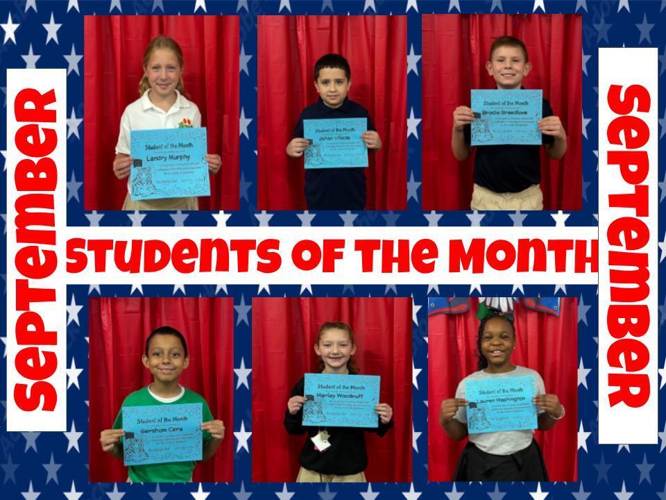 Photo collage framed by a blue-and-white star border with red bold text reading "September Students of the Month." Features individual photos of six students standing in front of a red curtain, each holding a light blue "Student of the Month" certificate.