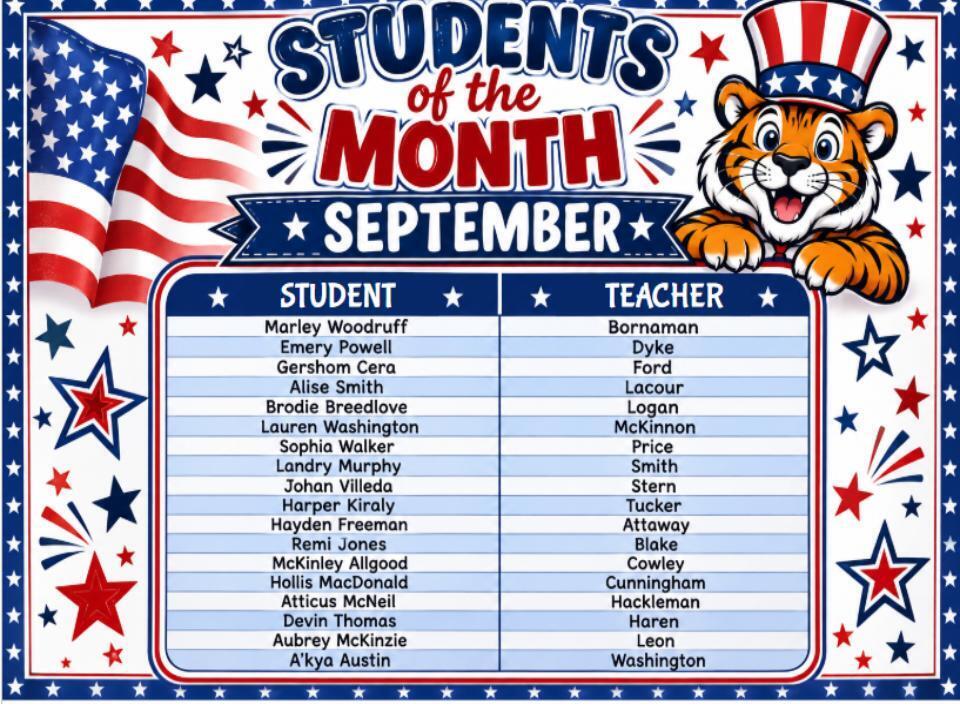 Patriotic graphic for "Students of the Month - September" featuring an American flag, red and blue stars, and a cartoon tiger wearing an Uncle Sam top hat. Below the title is a two-column list detailing the selected students and their corresponding teachers.
