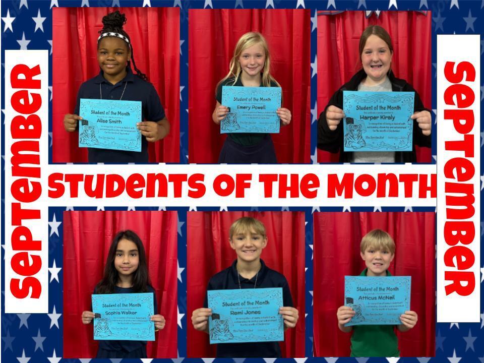 Photo collage framed by a blue-and-white star border with red bold text reading "September Students of the Month." Features individual photos of six students standing in front of a red curtain, each holding a light blue "Student of the Month" certificate.