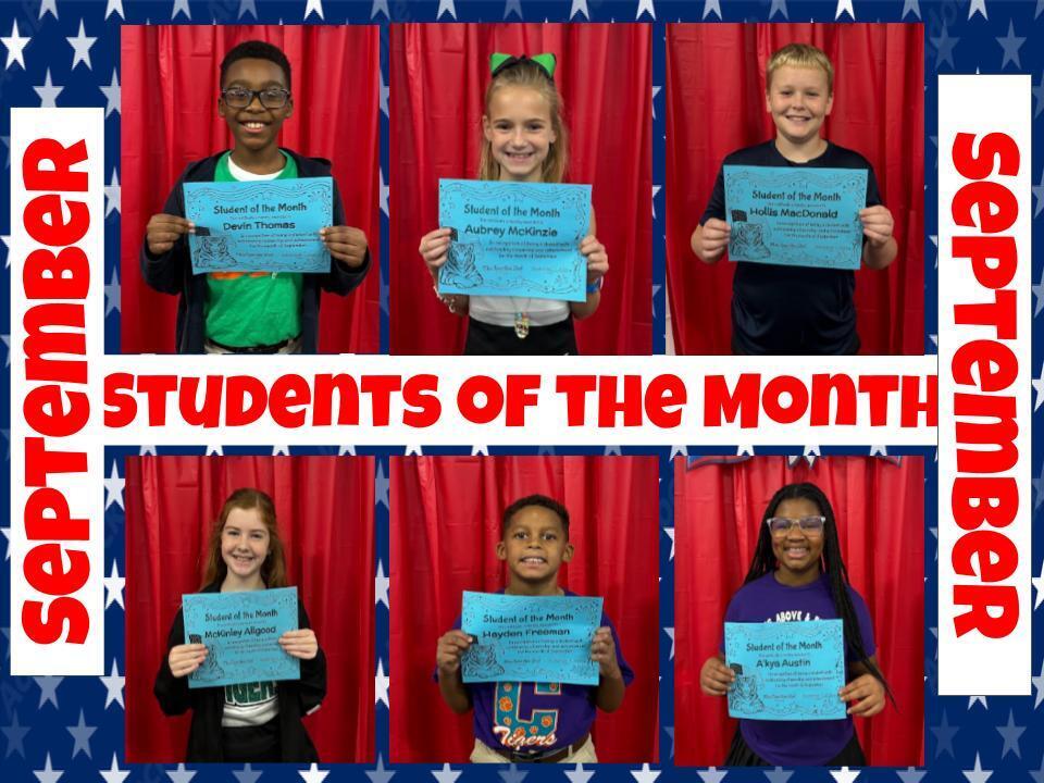 Photo collage framed by a blue-and-white star border with red bold text reading "September Students of the Month." Features individual photos of six students standing in front of a red curtain, each holding a light blue "Student of the Month" certificate.
