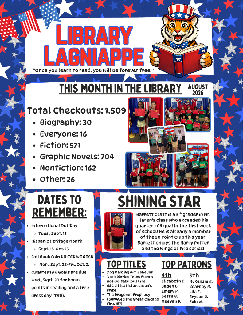 August 2026 "Library Lagniappe" school newsletter flyer featuring circulation statistics, upcoming dates, student recognition, and top reading lists over a patriotic, star-patterned background.