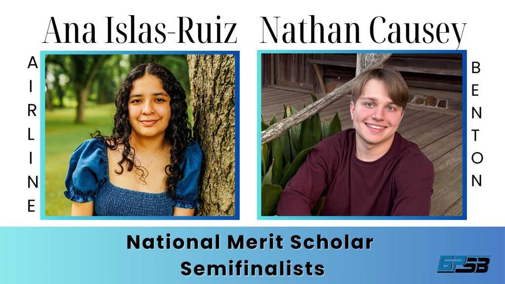 composite photo Ana Islas-Ruiz and Nathan Causey on a white background with wording of National Merit Scholar Semifinalists