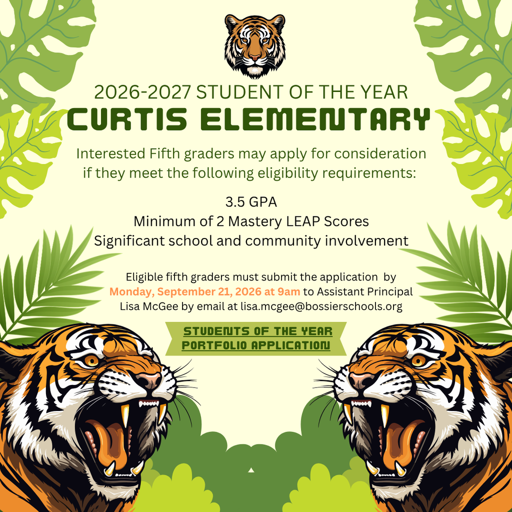 An announcement graphic for Curtis Elementary's 2026–2027 Student of the Year portfolio application. The design features a jungle theme with tropical leaves and tiger mascot illustrations along the border and at the bottom.