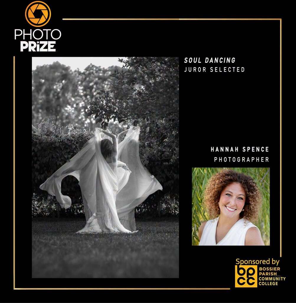 graphic with photo of woman draped in white along with photo of Hannah Spence. The BPCC logo is also featured