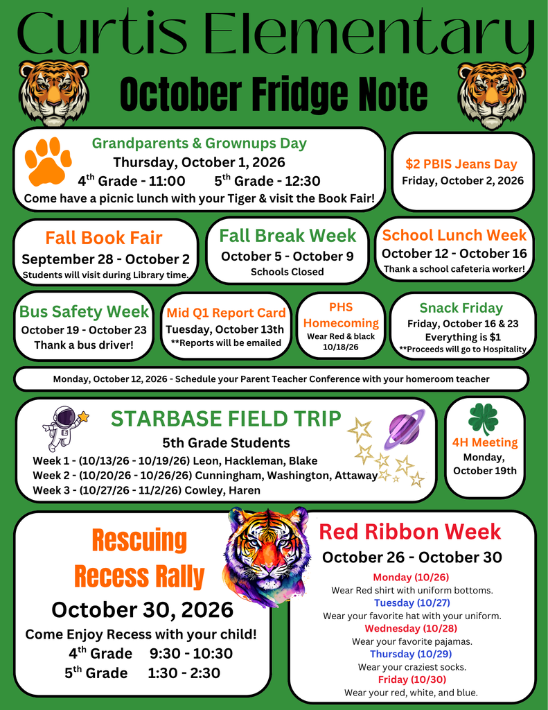 Curtis Elementary October Fridge Note detailing school events and reminders for October 2026