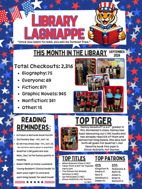 "Library Lagniappe" September 2026 newsletter graphic featuring monthly checkout statistics (2,316 total), reading reminders for October–December, "Top Tiger" student spotlight on Marley Woodruff, top book titles, top 4th and 5th-grade patrons, and photo collages of library events with a patriotic star theme.
