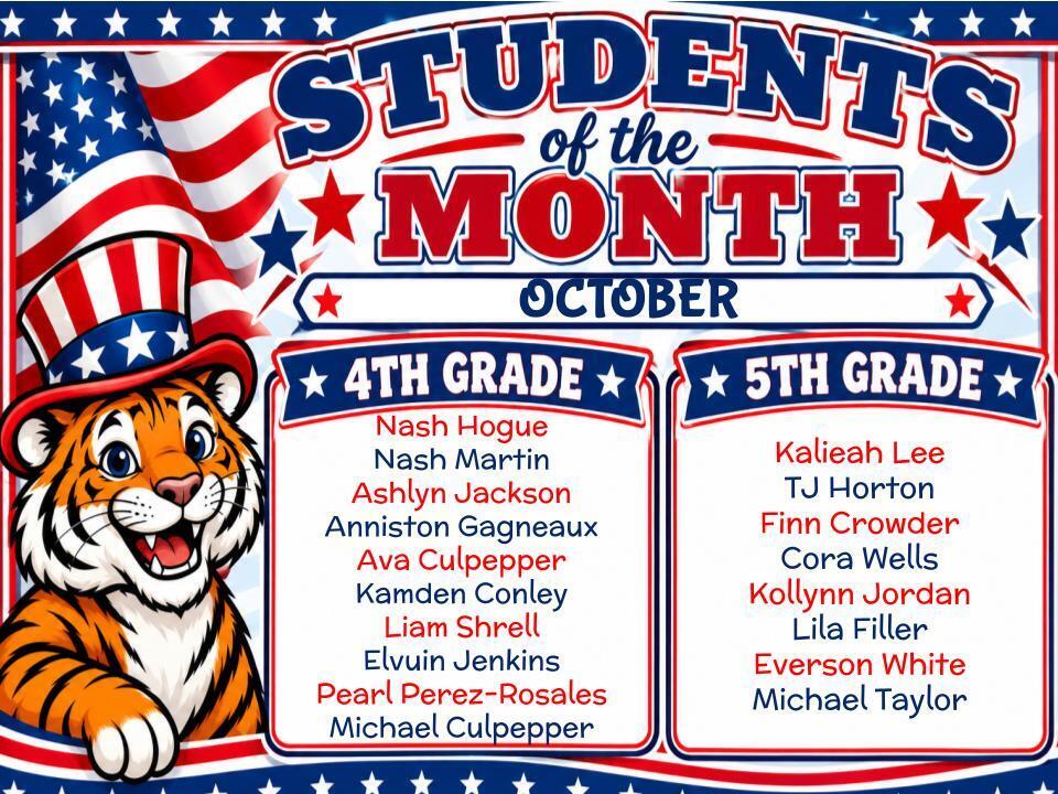 Patriotic graphic for "Students of the Month - October" featuring an American flag, red and blue stars, and a cartoon tiger wearing an Uncle Sam top hat. Below the title is a two-column list detailing the selected students and their corresponding teachers.