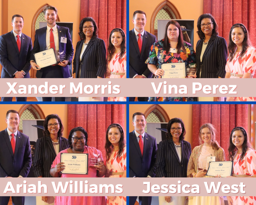 photo collage of Xander Morris, Vina Perez, Ariah Williams and Jessica West receiving awards from State Superintendent Dr. Cade Brumley