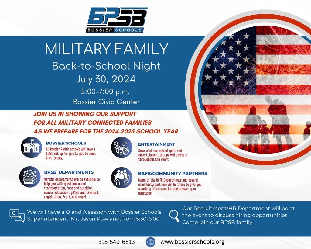 flyer for military family back to school night on July 30, 2024