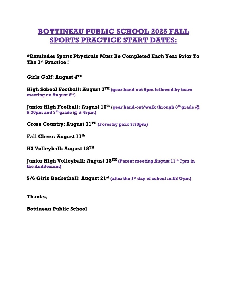 BOTTINEAU PUBLIC SCHOOL 2025 FALL SPORTS PRACTICE START DATES