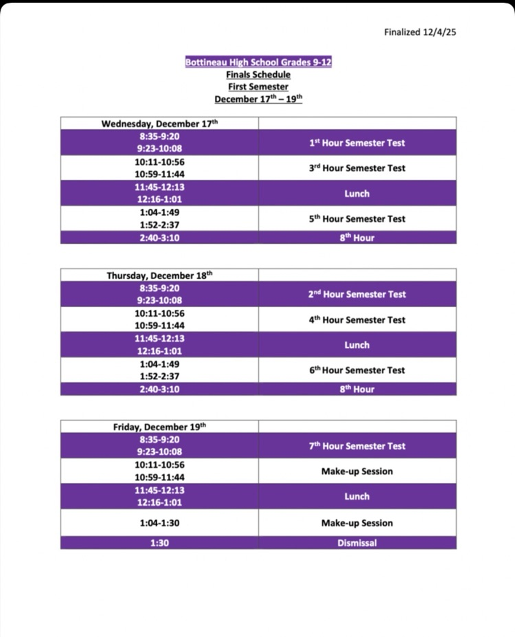 semester 1 test schedule 