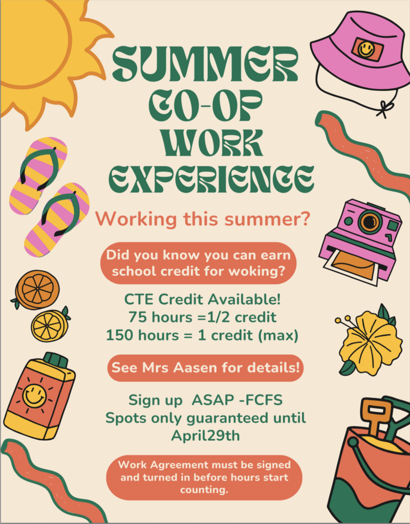 Summer Co-op Work Experience Opportunity--contact Stacy Aasen for more information