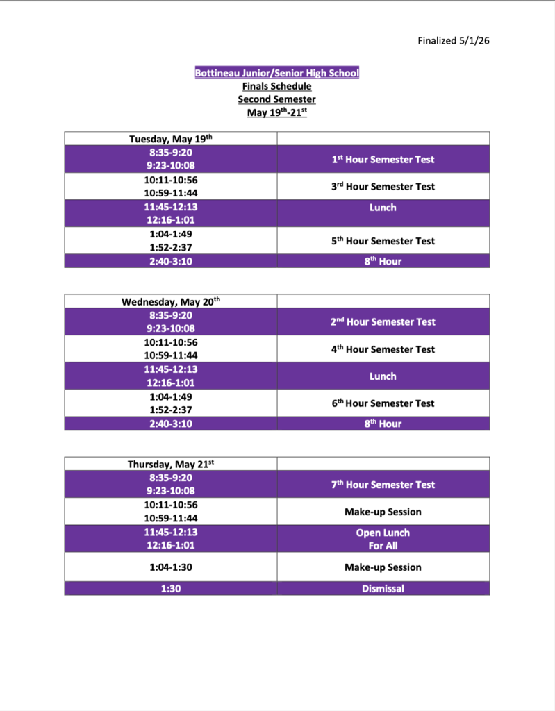 25-26 Semester 2 Finals Test Schedule